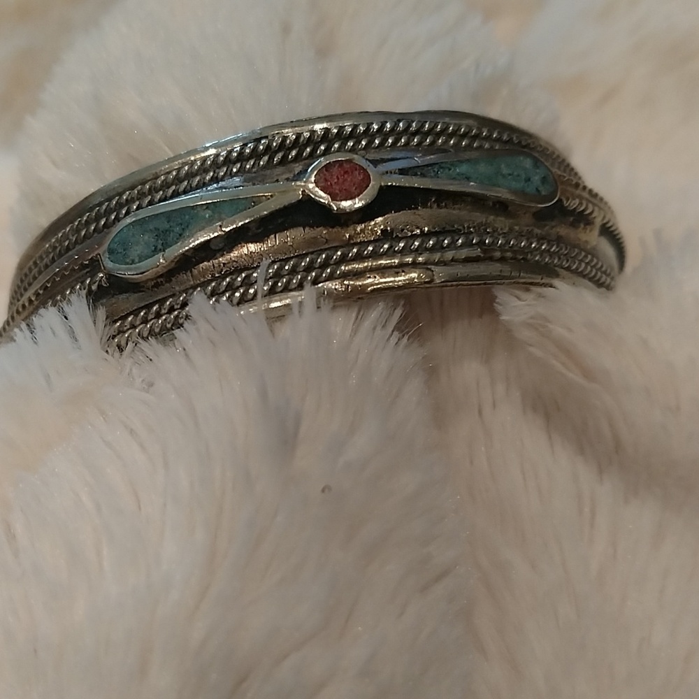 Vintage Turquoise & Coral Sterling Silver Bracelet